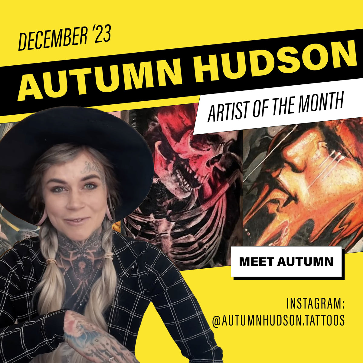 Tattoo artist Autumn Hudson posing in front of a yellow background and a collage of her own work
