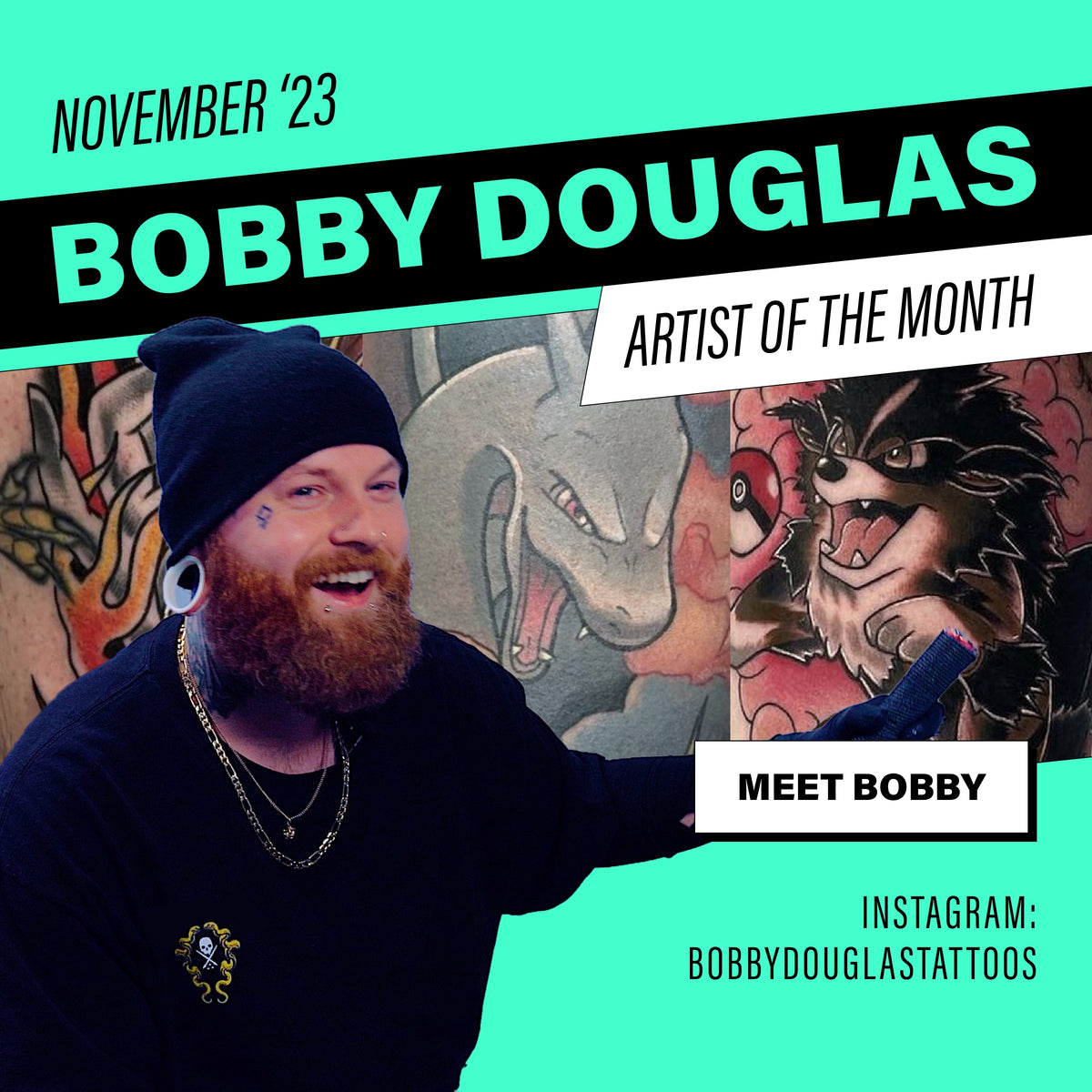 Tattoo artist Bobby Douglas in front of a montage of his work