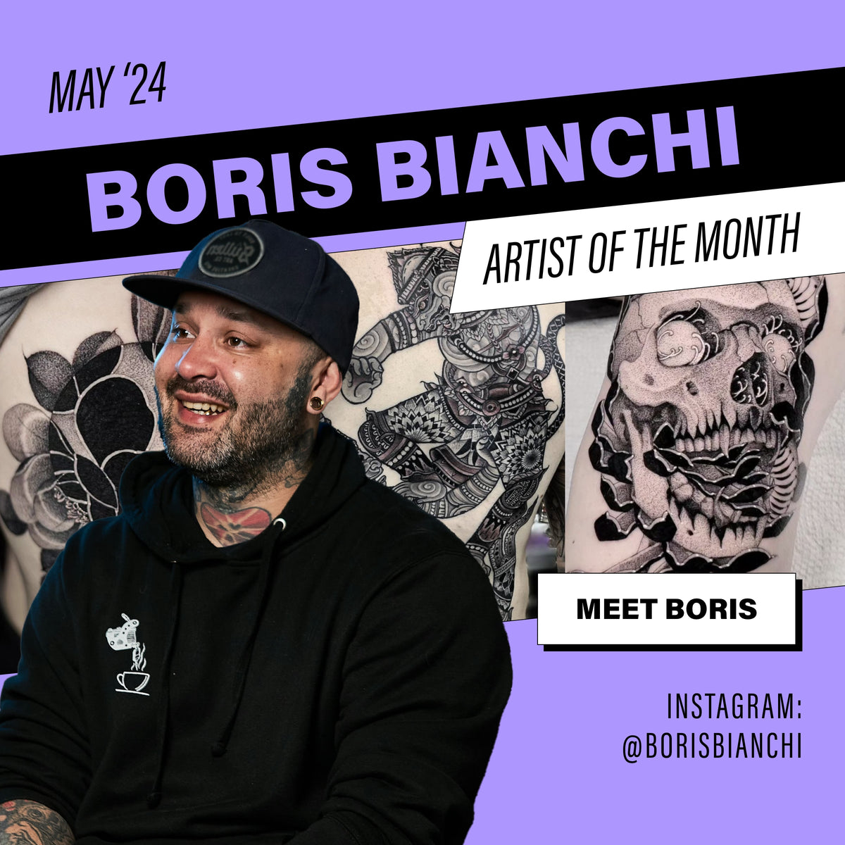 Blackwork and fine line tattoo artist Boris Bianchi posing in front of a series of his tattoos