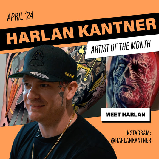 Headshot of Harlan Kantner with a collage of his work in the background
