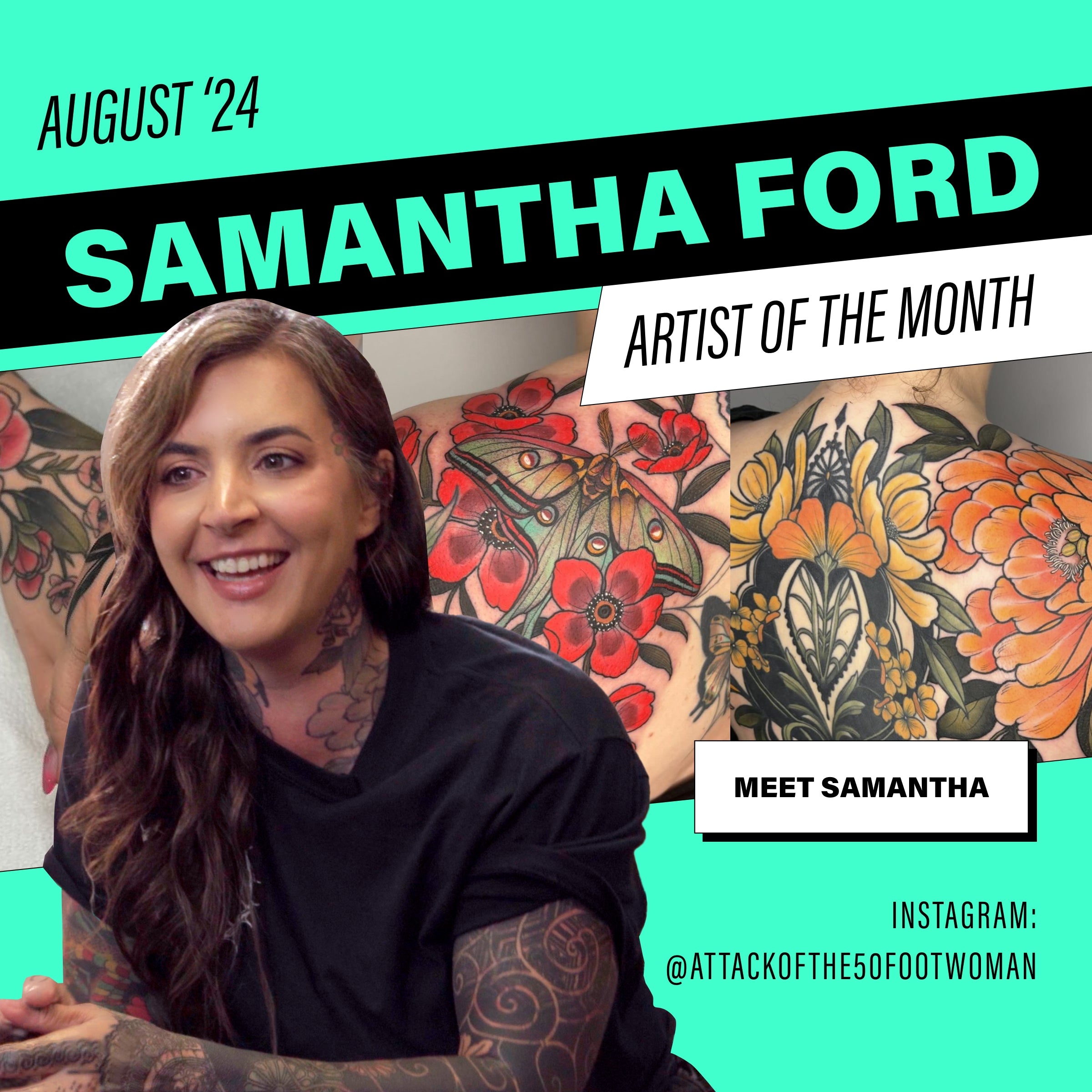 Headshot of tattoo artist Samantha Ford over top a montage of her tattoos Mastering Floral Tattoos with Samantha Ford