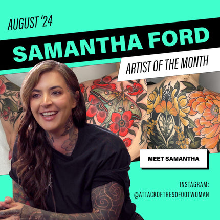 Headshot of tattoo artist Samantha Ford over top a montage of her tattoos