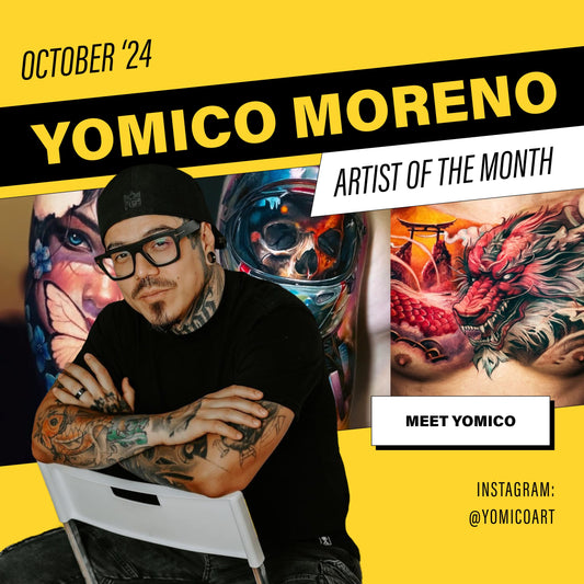 Tattoo artist Yomico Moreno sitting on a chair in front of a collage of his tattoos