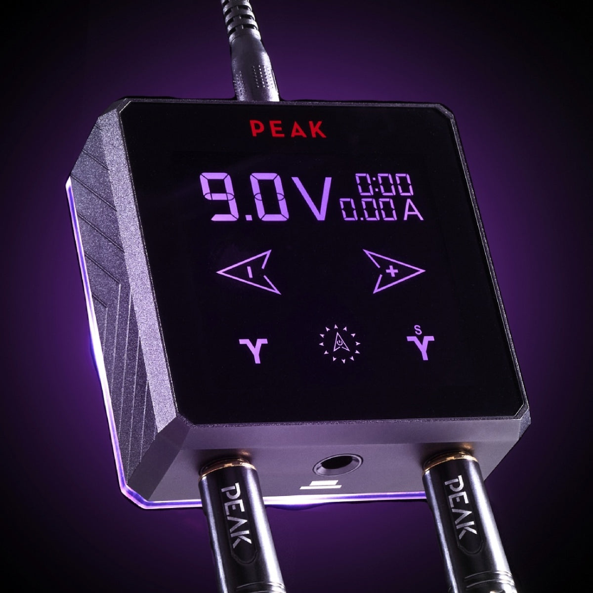 Close-up of a Peak tattoo power supply set to 9.0v