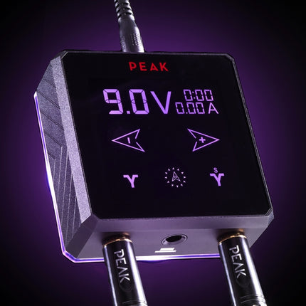 Close-up of a Peak tattoo power supply set to 9.0v