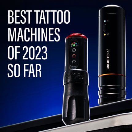 FK Irons ONE machine and Cheyenne Sol Nova Unlimited standing side-by-side on a steel-top table.