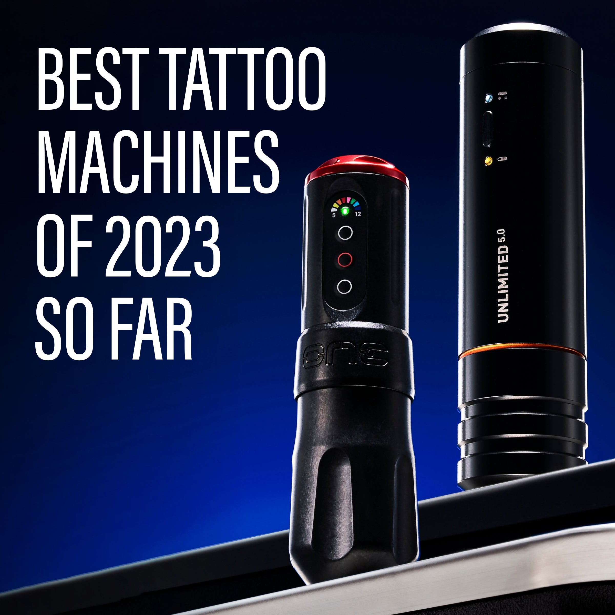 FK Irons ONE machine and Cheyenne Sol Nova Unlimited standing side-by-side on a steel-top table. Best Tattoo Machines of 2023 (So Far)