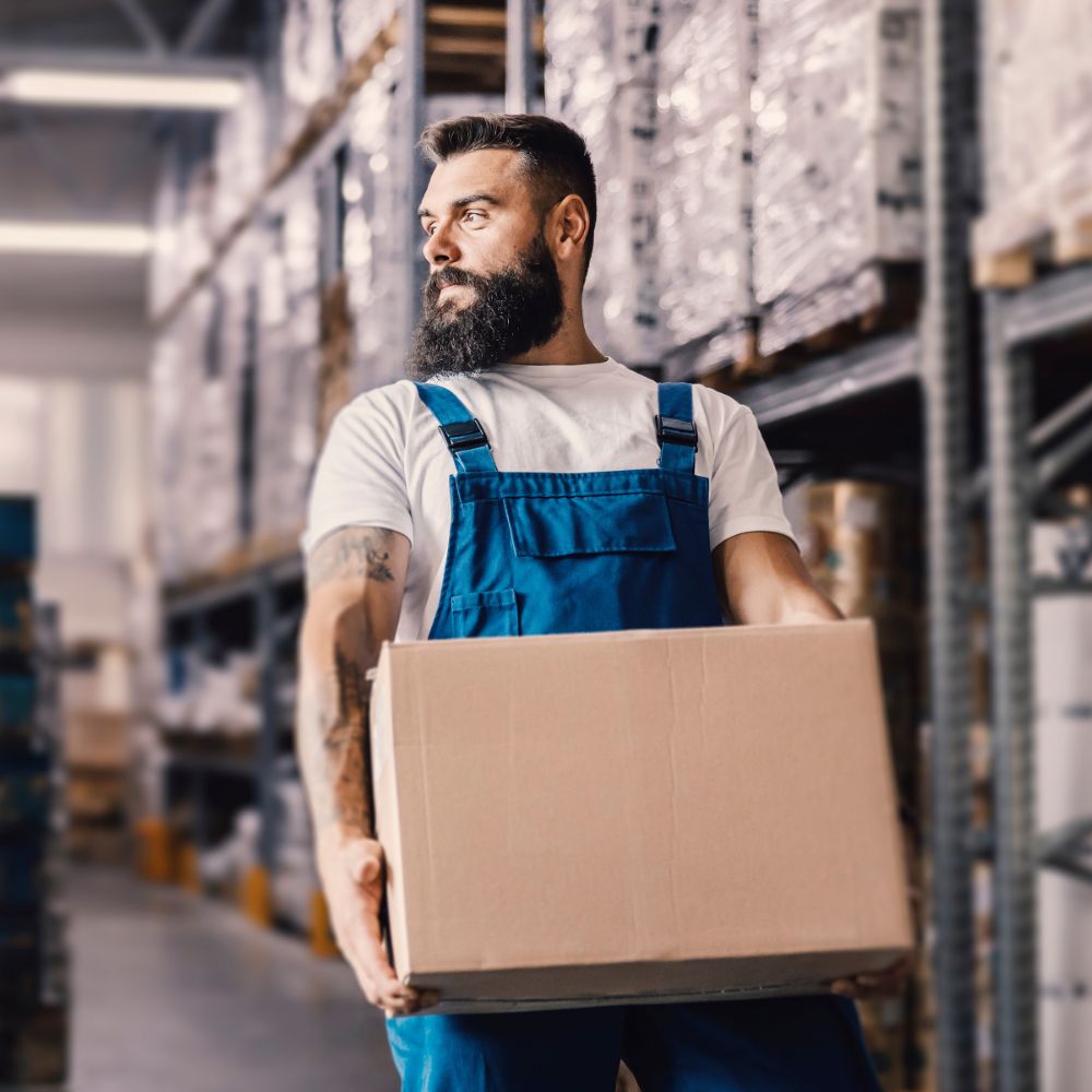Tattooed warehouse worker with package