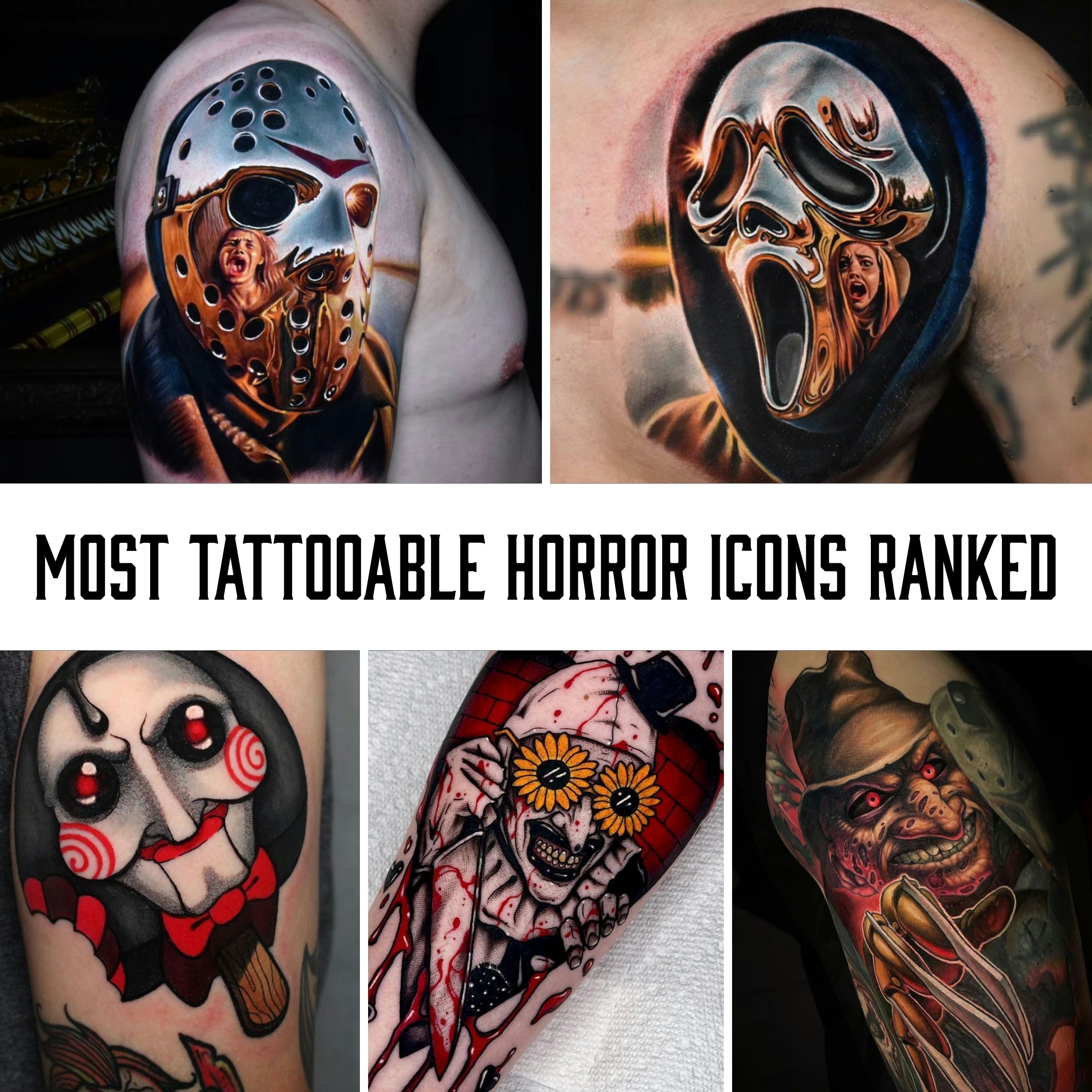 Header collage of horror tattoo icons TOP 5 Horror Tattoo Icons│Painful Pleasures