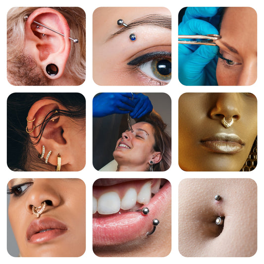 Collage of popular piercings and body jewelry