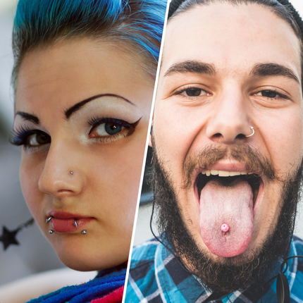 Split screen image of man and woman with body piercings