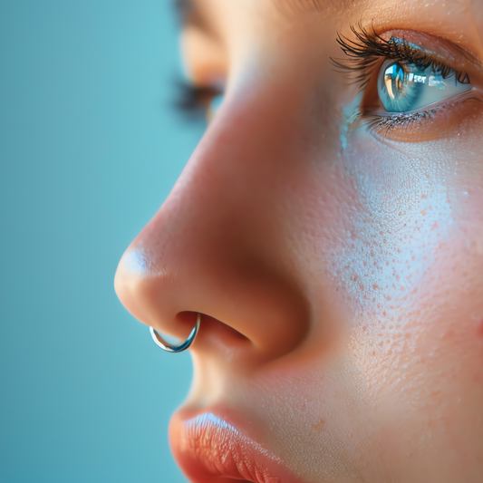 Close-up of a woman with a septum piercing.