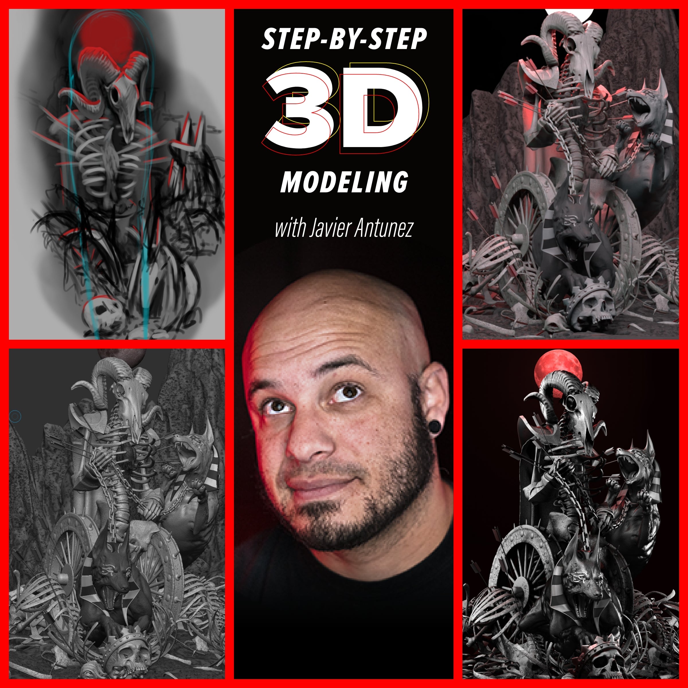 Artist Javier Antunez with all his sketches for a tattoo sleeve design STEP-BY-STEP 3D Modeling for a Tattoo Sleeve with Javier Antunez