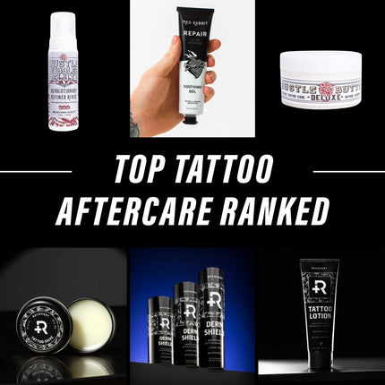 Bottles and tubs of popular tattoo aftercare on a glossy black background