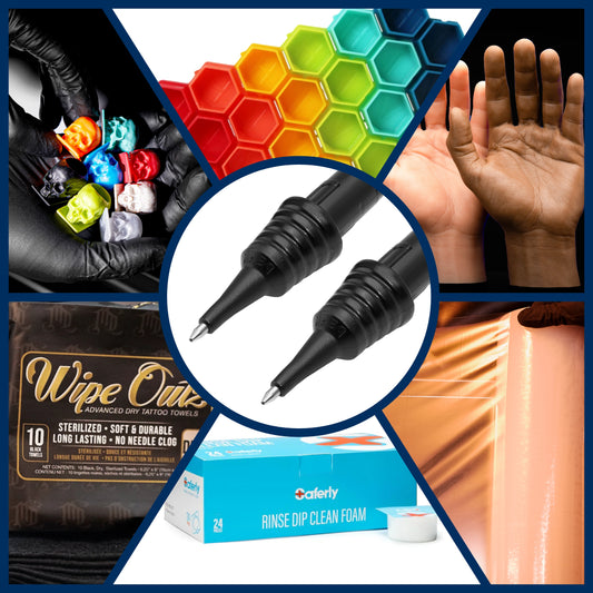 Collage of unnecessary but still essential tattoo supplies