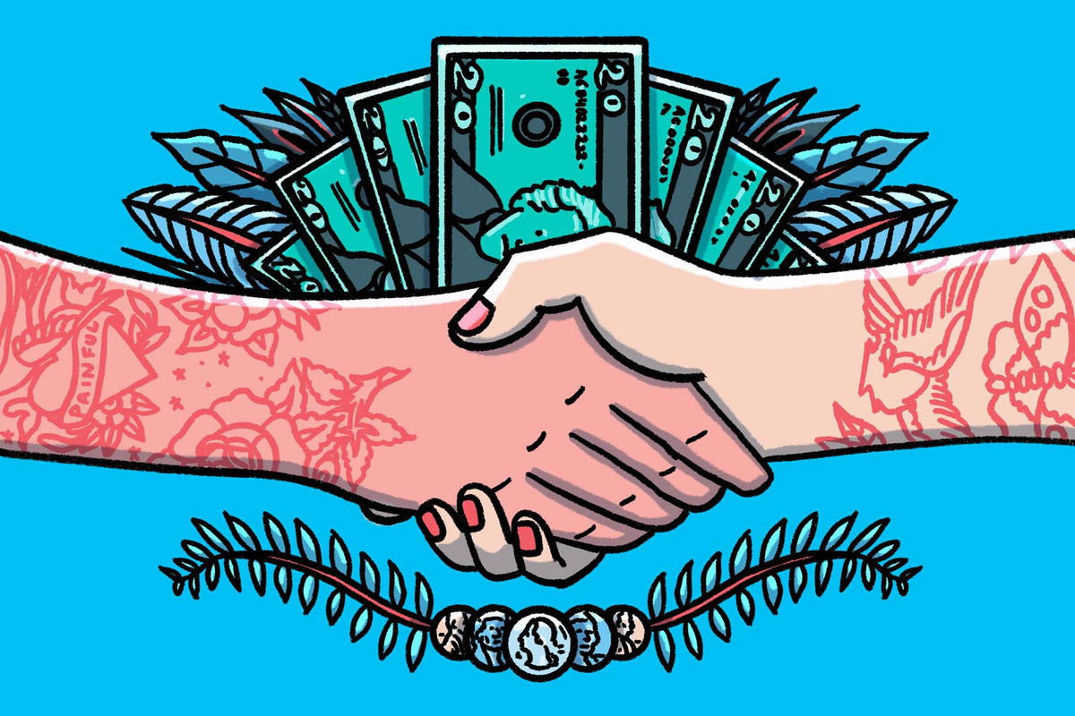 illustration of tattoo hands shaking with bank notes above and coins below