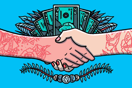 illustration of tattoo hands shaking with bank notes above and coins below