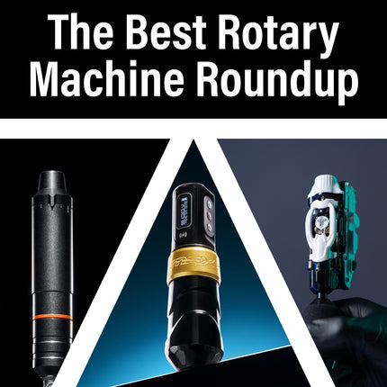 Three rotary tattoo machines on a black, blue, and gray backdrop