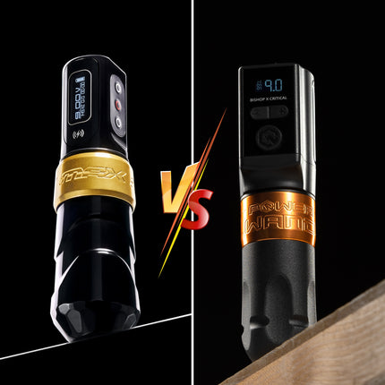 FK Irons Flux Max versus Critical x Bishop Rotary Wand on a tattoo workstation counter