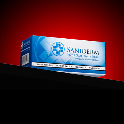 A box of Saniderm bandages upon a red and black background.