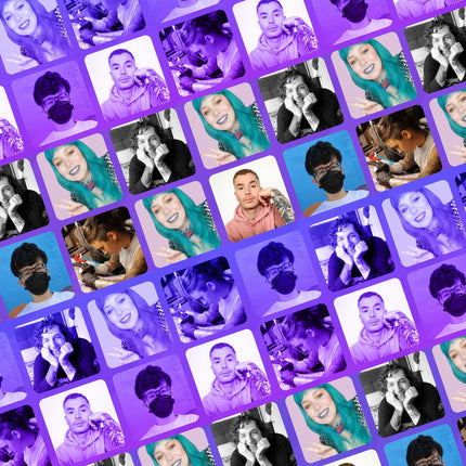 Collage of LGBTQIA+ artists for Pride Month feature on a purple backdrop