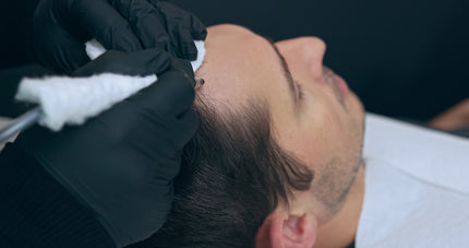 PMU artist performing scalp micropigmentation on client with receding hairline