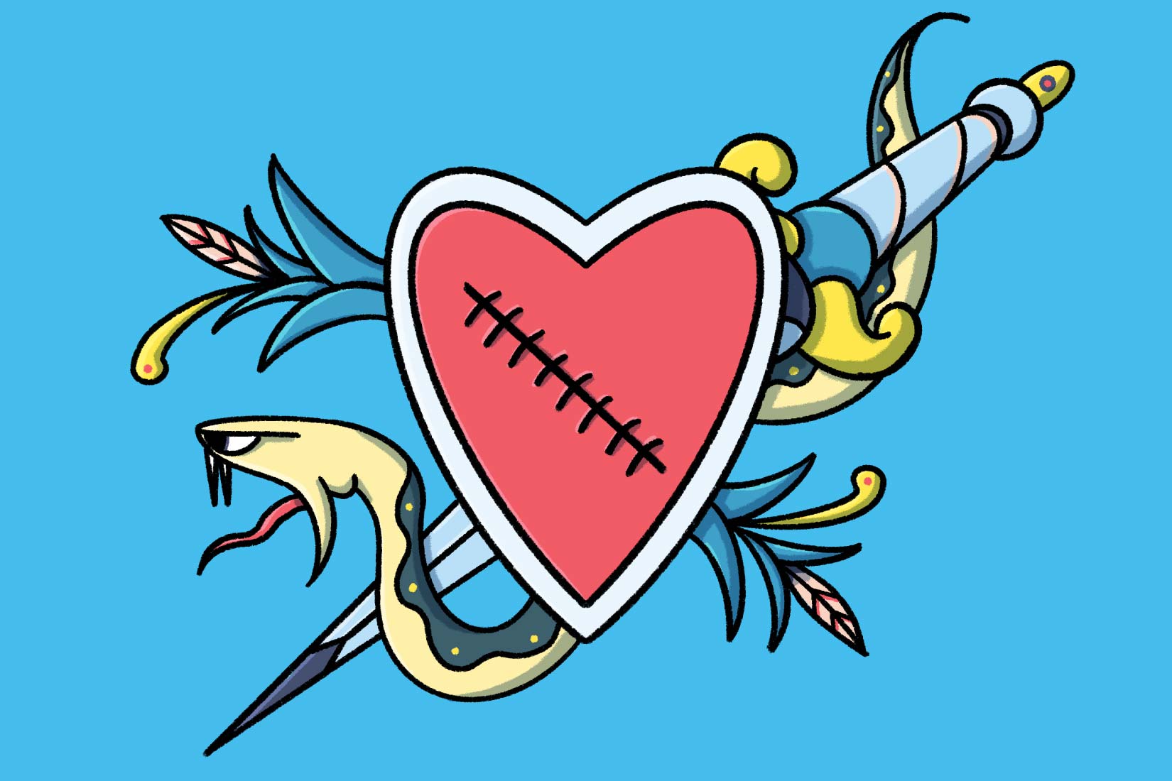 illustrated heart with stitches with a snake and dagger in the background What to Know About Tattoos That Cover Scars