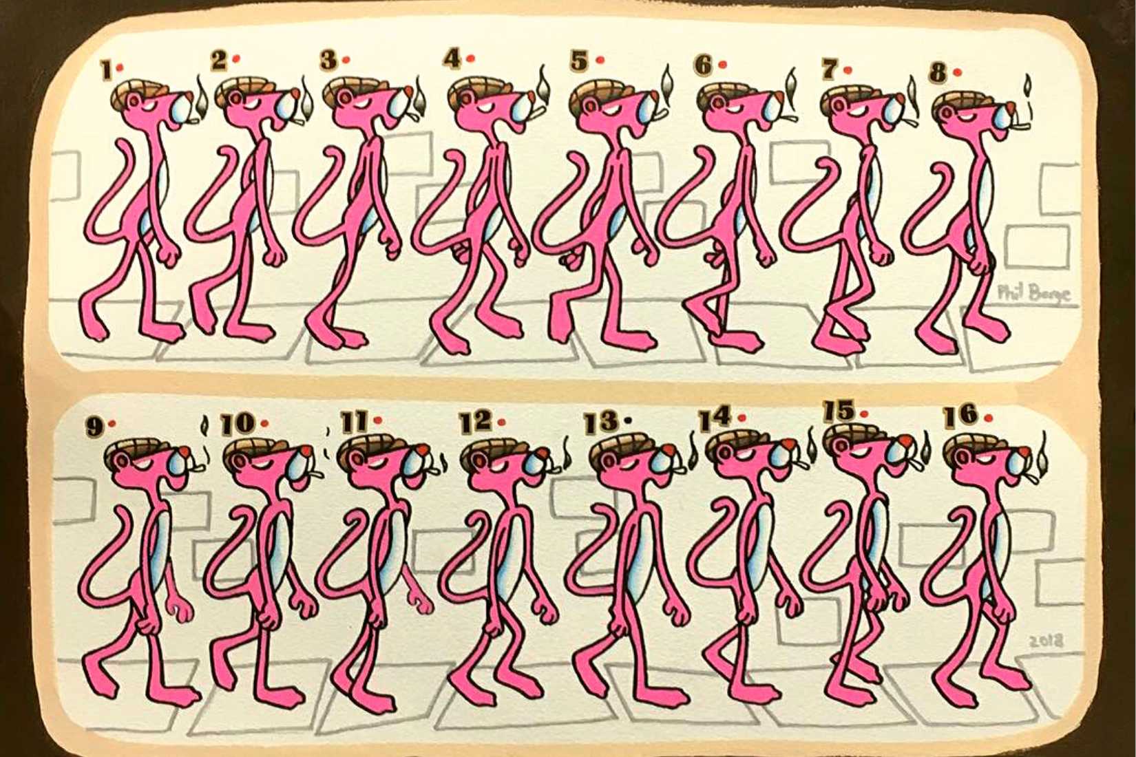 Pink Panther illustrations by tattoo artist Phil Berge for his next series of animated tattoos Amazing Animated Tattoos & Body Art