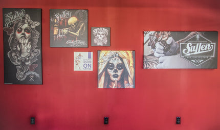 Limitless Canvas Prints Displayed in The Studio at Painful Pleasures|Limitless Custom Brochures to Advertise Your Tattoo and Piercing Shop's Services|Limitless Custom Artist Papers|Limitless Custom Posters