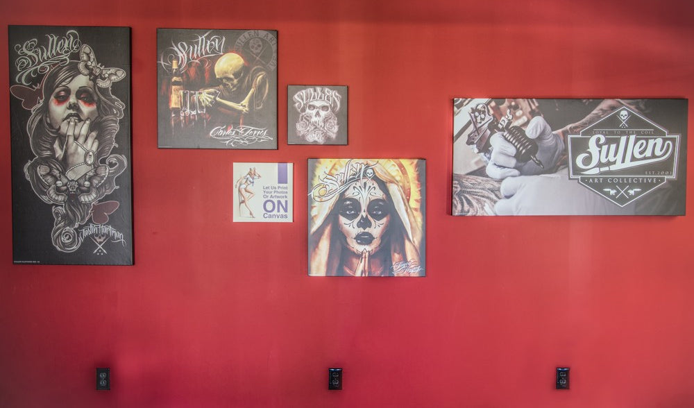Limitless Canvas Prints Displayed in The Studio at Painful Pleasures|Limitless Custom Brochures to Advertise Your Tattoo and Piercing Shop's Services|Limitless Custom Artist Papers|Limitless Custom Posters How to Display & Sell Your Art