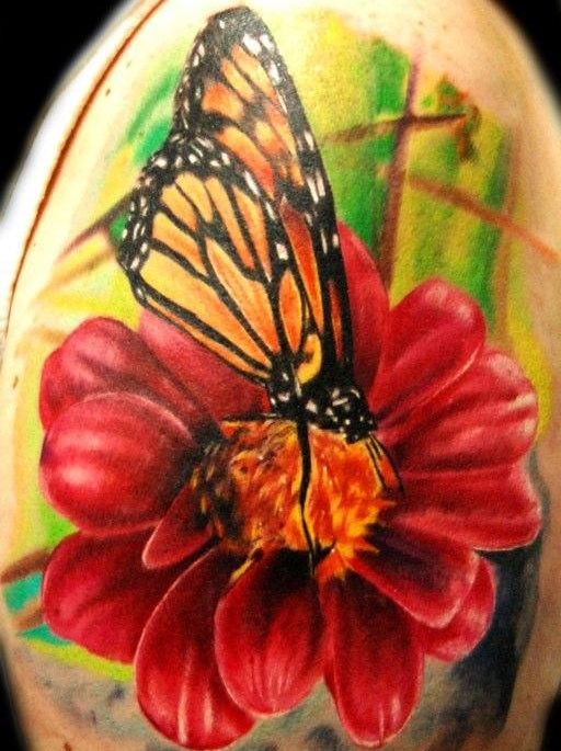 Butterfly on Flower Tattoo by Ron Russo of The Studio at Painful Pleasures|Otzi the Iceman Mummy and Projected Image of How He Looked in Life