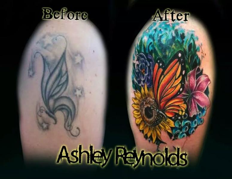 Butterfly Cover-up Tattoo by Ashley Reynolds of Body Mod Ink|Lion Cover-up Tattoo Before and After Pictures Covering Up a Bad Tattoo