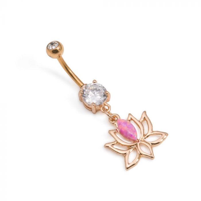 Photo of gold-plated lotus flower belly button ring|Photo of stainless steel jeweled heart navel shield with wings