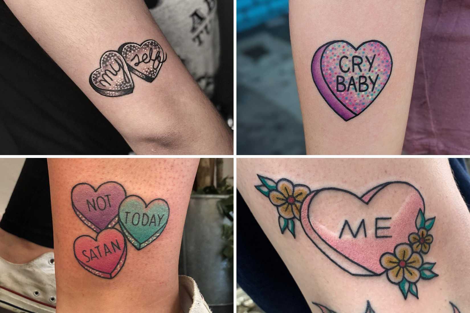 candy heart tattoos, conversation heart tattoos, valentine tattoos, Jainha Espadas tattoo, Adele Wan tattoo, Little Rach tattoo, Amanda Carmel tattoo Candy, Hearts, and Tattoos