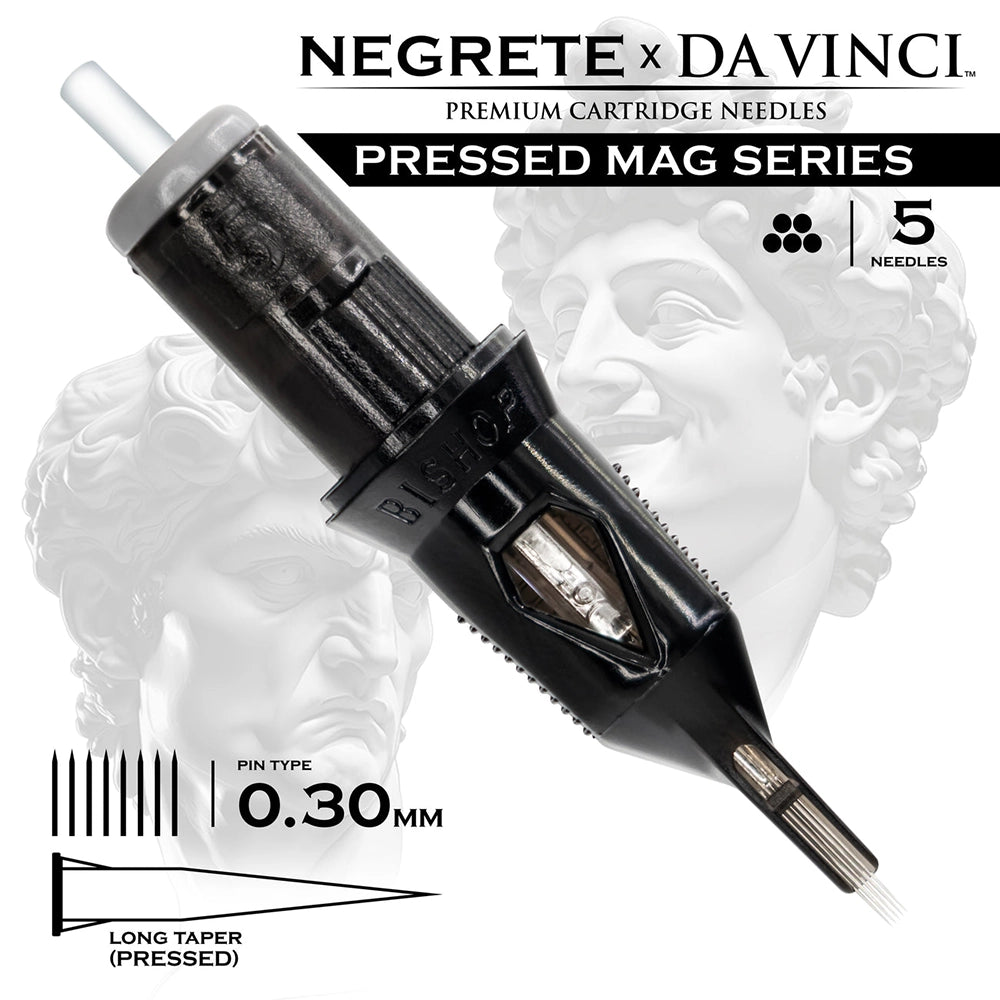 Bishop Da Vinci V2 Tattoo Cartridge Needles — Freddy Negrete Pressed Mag Series — Box of 20 Pressed Mag - 5 - #10 (0.3mm) - Long Taper