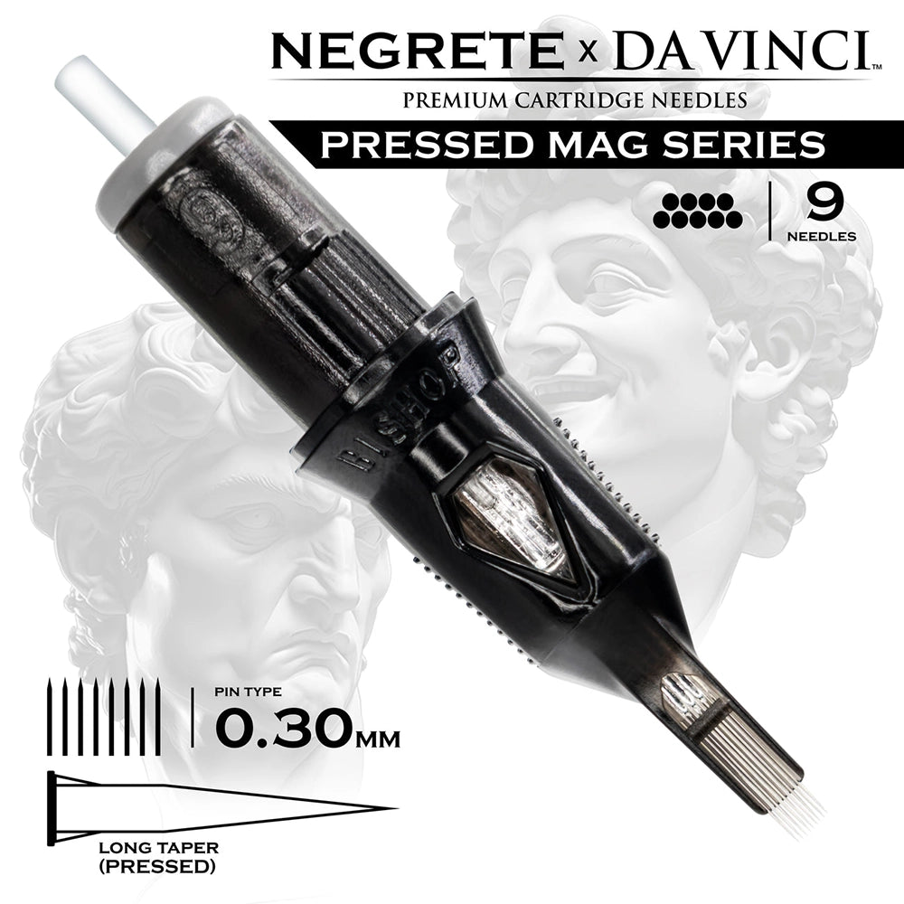 Bishop Da Vinci V2 Tattoo Cartridge Needles — Freddy Negrete Pressed Mag Series — Box of 20 Pressed Mag - 9 - #10 (0.3mm) - Long Taper