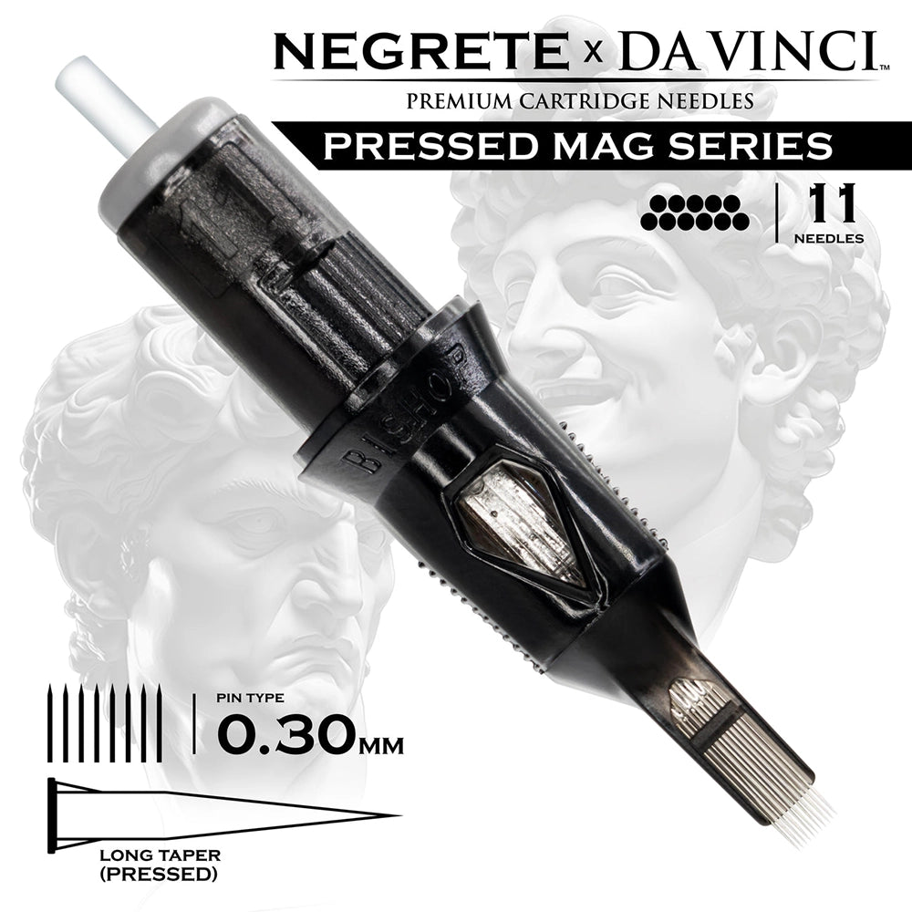 Bishop Da Vinci V2 Tattoo Cartridge Needles — Freddy Negrete Pressed Mag Series — Box of 20 Pressed Mag - 11 - #10 (0.3mm) - Long Taper