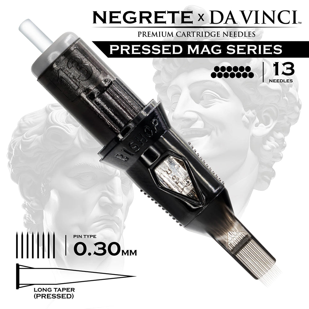 Bishop Da Vinci V2 Tattoo Cartridge Needles — Freddy Negrete Pressed Mag Series — Box of 20 Pressed Mag - 13 - #10 (0.3mm) - Long Taper
