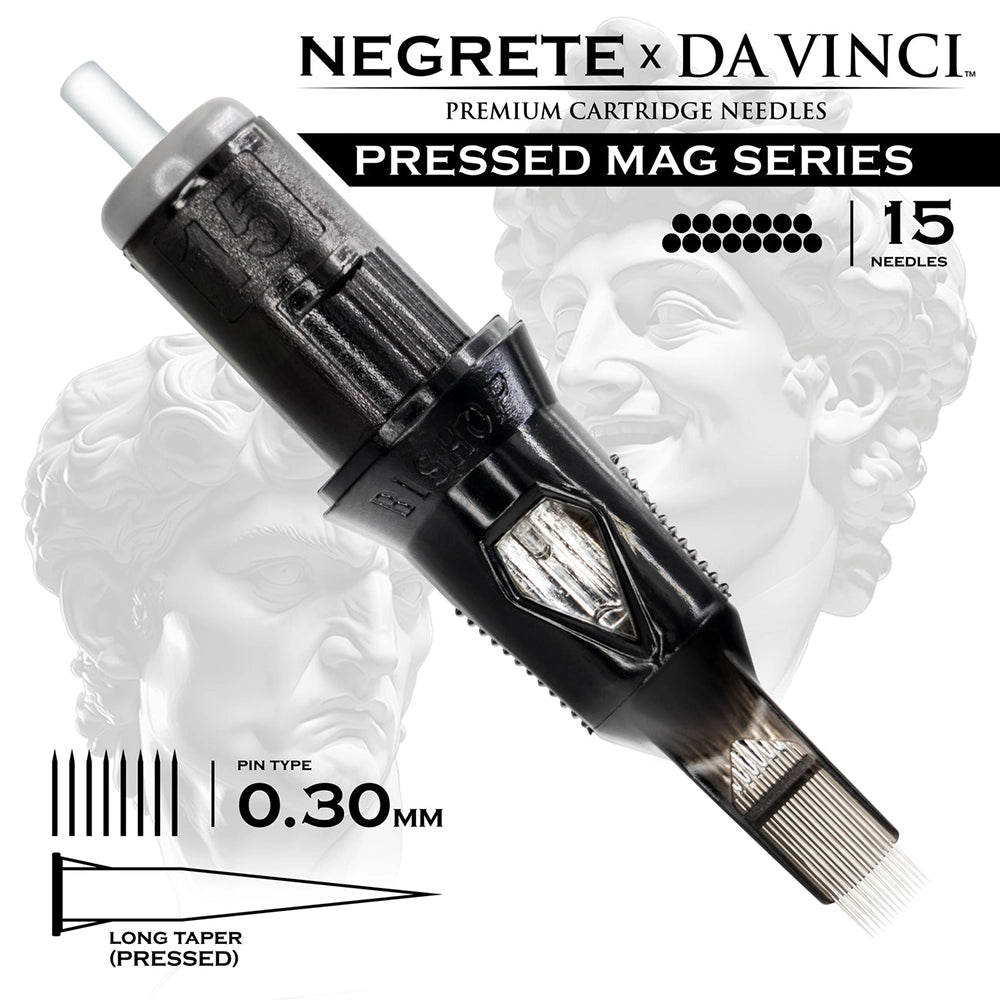 Bishop Da Vinci V2 Tattoo Cartridge Needles — Freddy Negrete Pressed Mag Series — Box of 20 Pressed Mag - 15 - #10 (0.3mm) - Long Taper