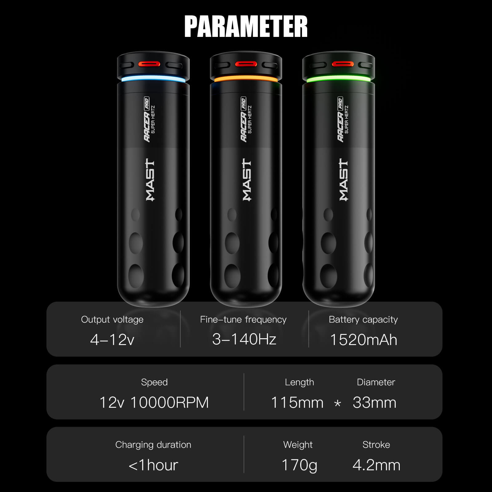 Dragonhawk Mast Racer Pro Wireless Tattoo Pen Machine — Black — 4.2mm Stroke - Painful Pleasures