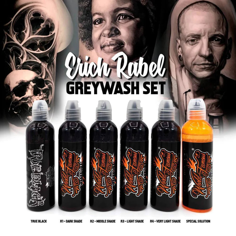 Erich Rabel Greywash Set of 6 Bottles — World Famous Tattoo Ink — 4oz