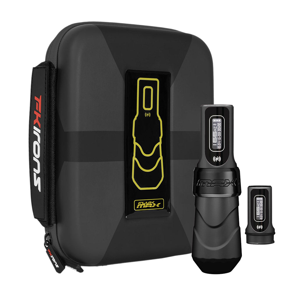 FK Irons Flux Max Tattoo Machine with 2 PowerBolt 2.0 — Pick Stroke Length and Color