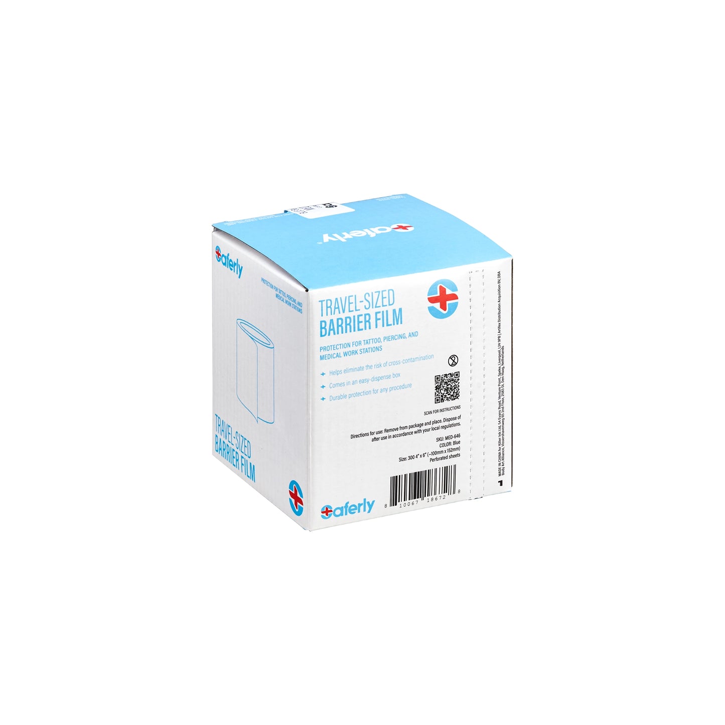 Saferly Blue Travel-Sized Barrier Film in Dispenser Box — 4” x 6” — Price Per Roll