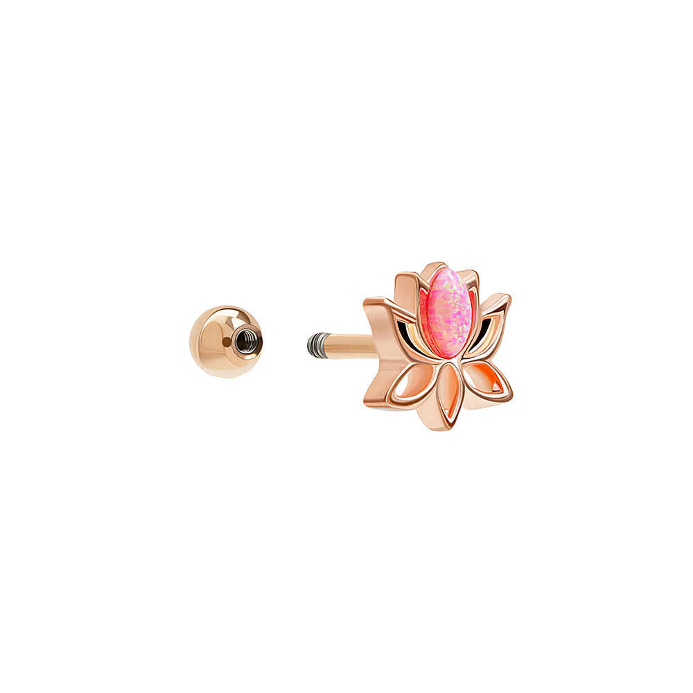 Tilum 16g 5/16” Straight Barbell with Rose Gold PVD Coating and Pink Opal Lotus Flower Charm — Price Per 1