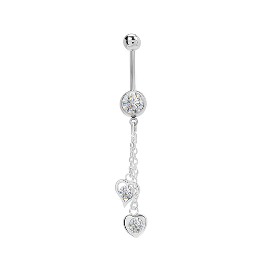 14g 7/16” Stainless Steel Double Heart Dangle Belly Button Ring — Price Per 1