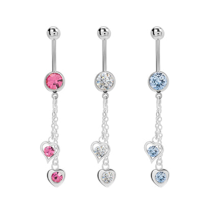 14g 7/16” Stainless Steel Double Heart Dangle Belly Button Ring — Price Per 1 - Painful Pleasures