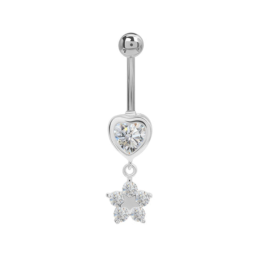 14g 7/16” Stainless Steel Simple Heart and Flower Dangle Belly Button Ring — Price Per 1