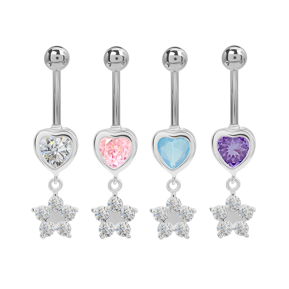 14g 7/16” Stainless Steel Simple Heart and Flower Dangle Belly Button Ring — Price Per 1