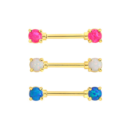 14g 9/16” Gold-Plated Straight Barbell Nipple Ring with Opal Ends — Price Per 1 - Painful Pleasures