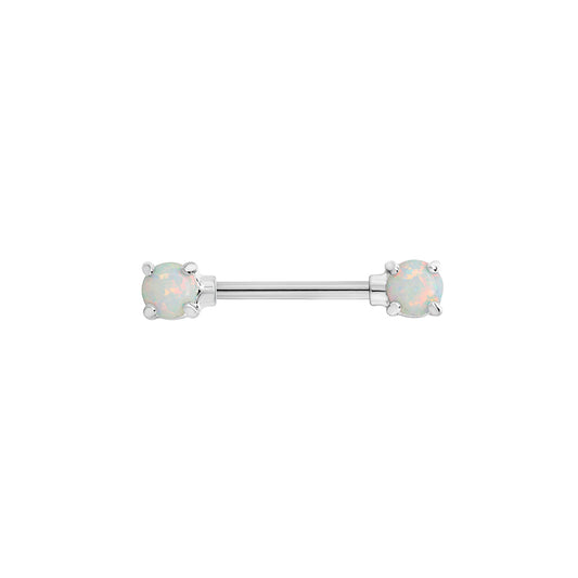 14g 9/16” Rhodium-Plated Straight Barbell Nipple Ring with Opal Ends — Price Per 1
